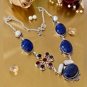 Natural Lapis, Garnet And Biwa Pearl Necklace